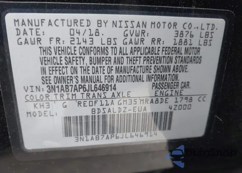 2018 Nissan Sentra Sv from USA, damaged, VIN 3N1AB7AP6JL646914